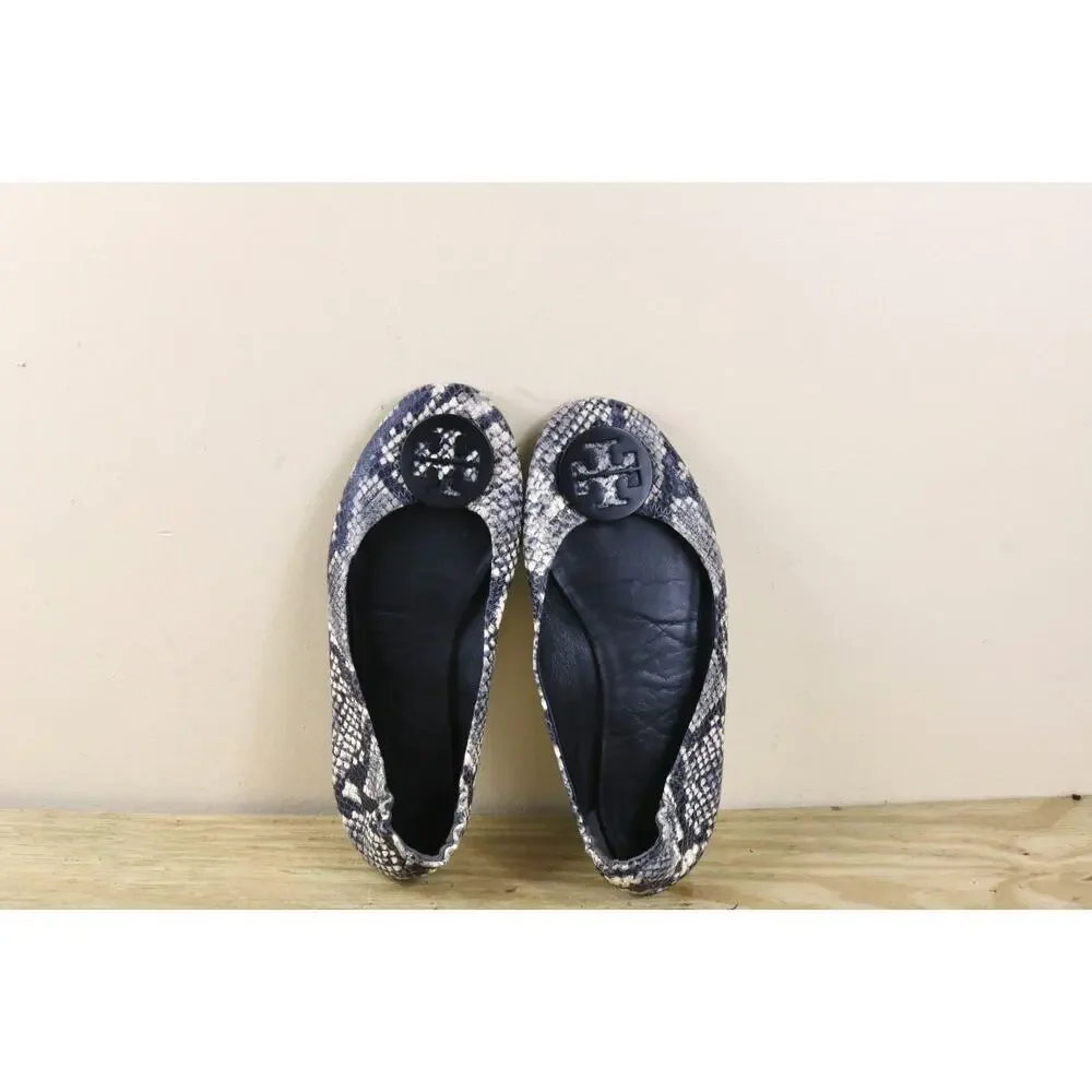 Tory Burch Shoes 8N Reva Minnie travel Ballet Flats Blue Snakeskin Print Leather